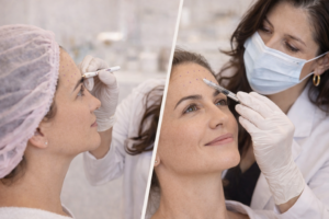 Avaliação para aplicação de botox com marcação técnica em ambiente clínico.